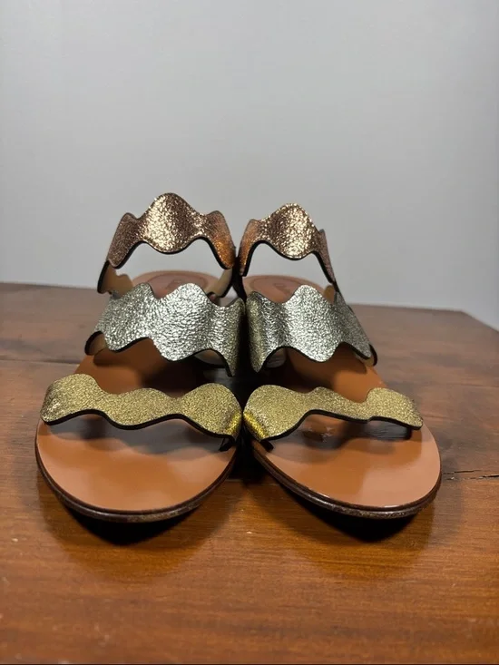 Chloé Metallic Wave Strap Leather Slide Heels Sandals Woman Size 37 earthy Tone - Picture 3 of 16